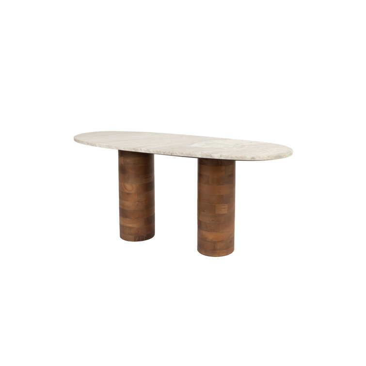 Cream Oval Marble Coffee Table with Acacia Wood Legs