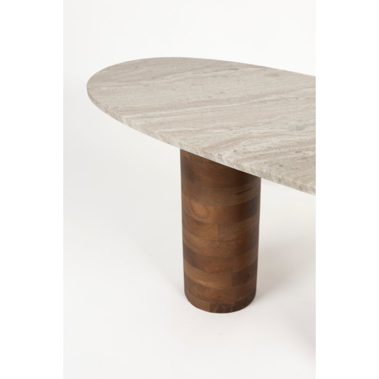 Cream Oval Marble Coffee Table with Acacia Wood Legs