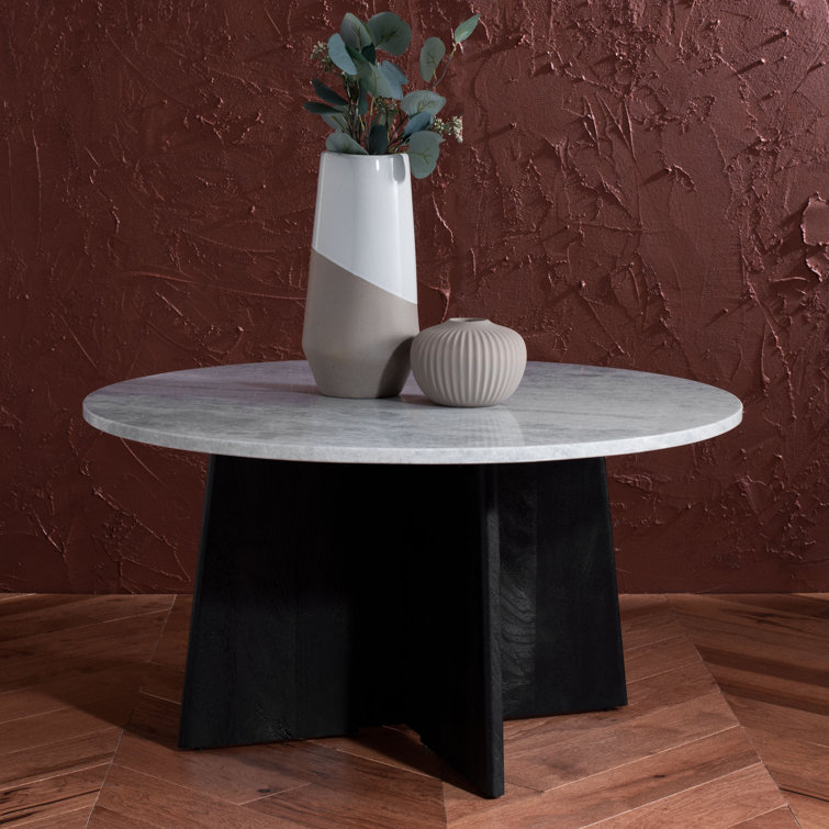 Madilynn Round Black Wood Coffee Table with Marble Top
