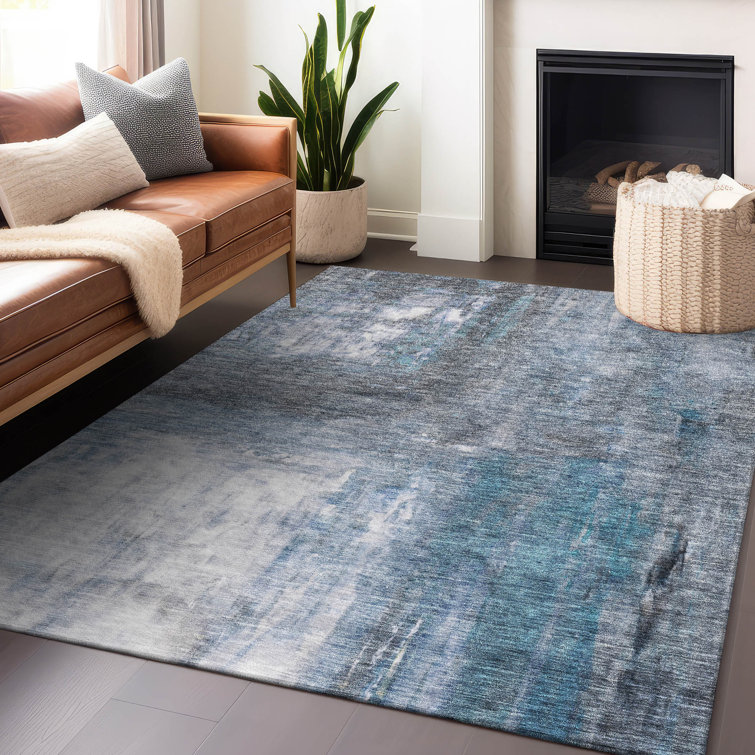 Machine Washable Blue and Gray Synthetic 3' x 5' Rug
