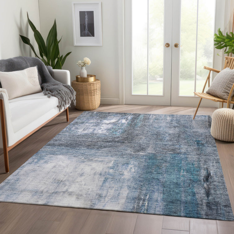 Machine Washable Blue and Gray Synthetic 3' x 5' Rug