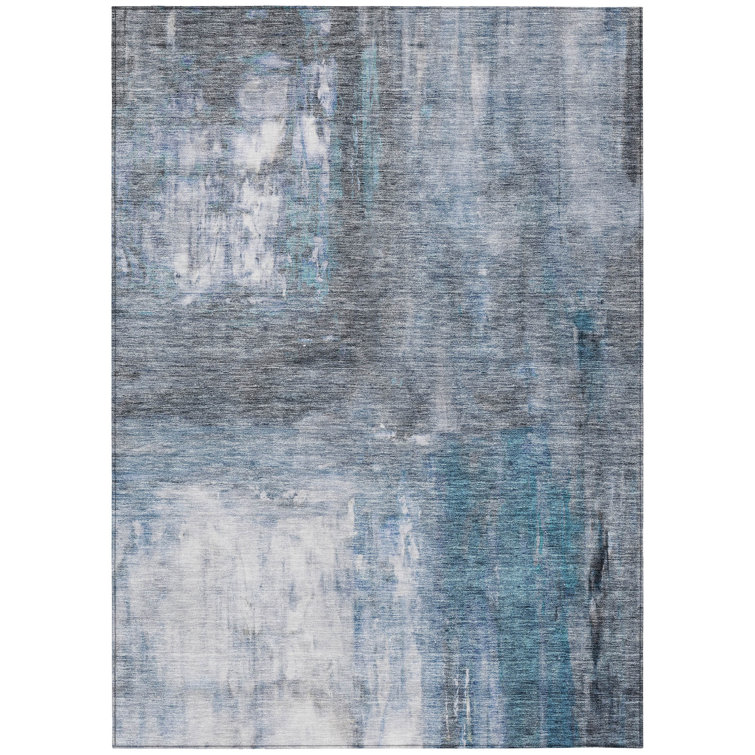 Machine Washable Blue and Gray Synthetic 3' x 5' Rug