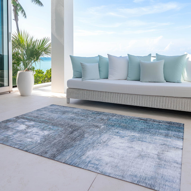 Machine Washable Blue and Gray Synthetic 3' x 5' Rug