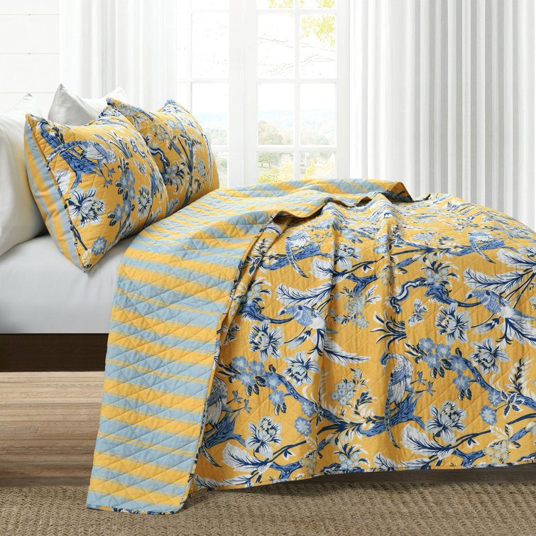 Yellow and Blue Reversible Cotton Full Quilt Set