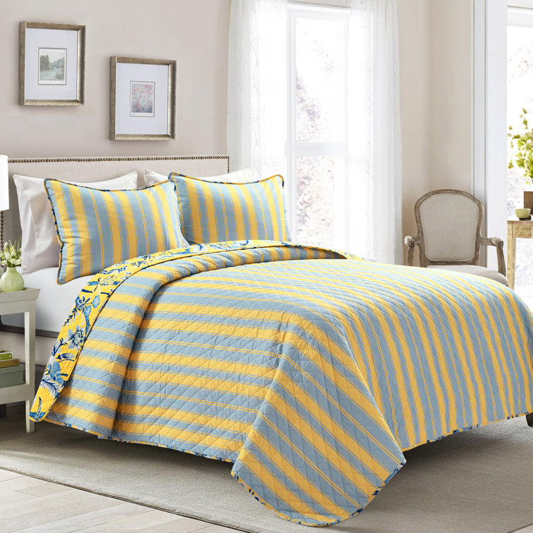 Yellow and Blue Reversible Cotton Full Quilt Set