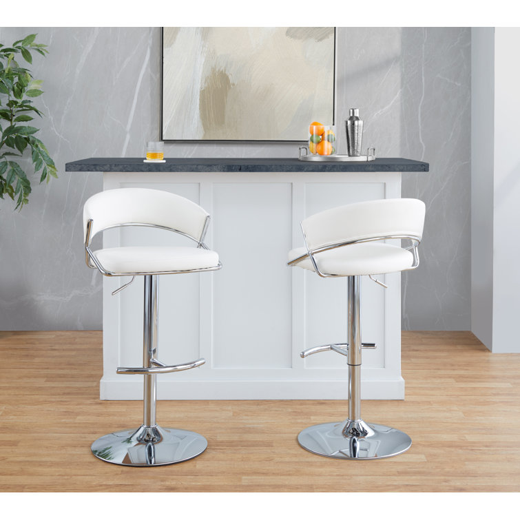 White Faux Leather Adjustable Swivel Bar Stools with Chrome Base