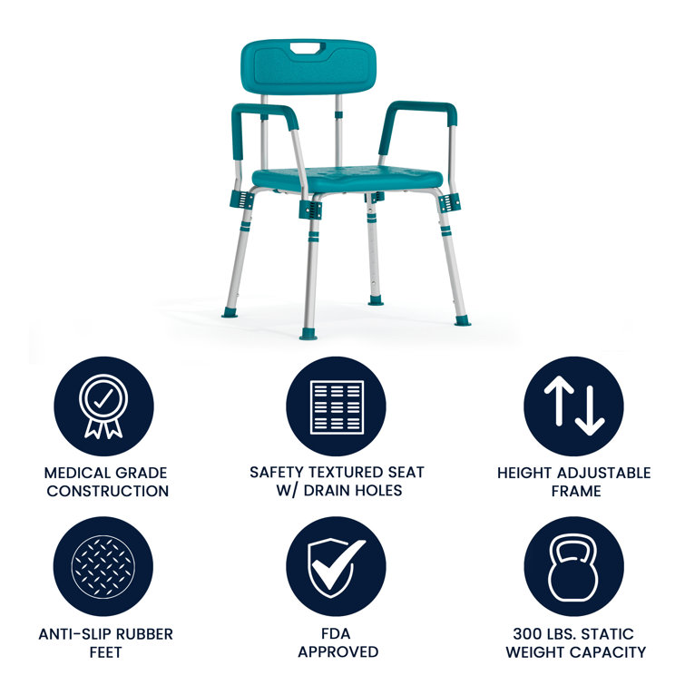 Hercules 300 Lb. Capacity Teal Adjustable Shower Chair with Arms