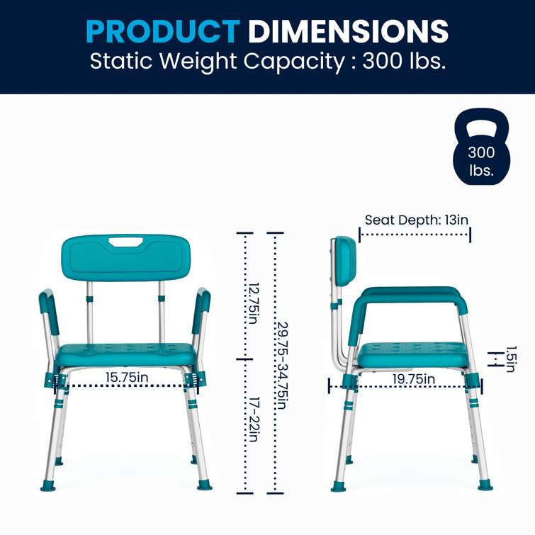 Hercules 300 Lb. Capacity Teal Adjustable Shower Chair with Arms