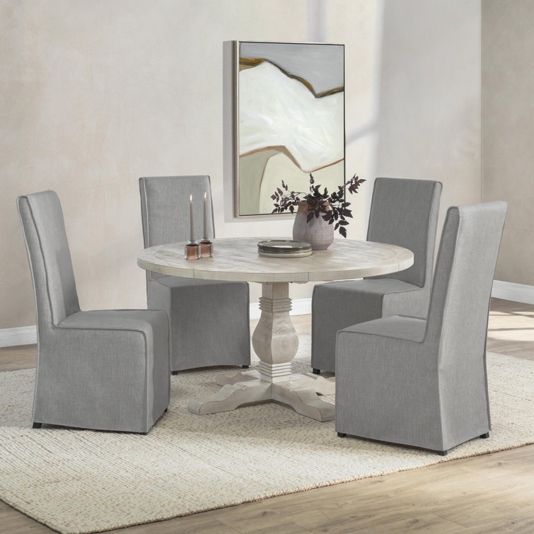 Distressed Ivory Round Pine Pedestal Dining Table