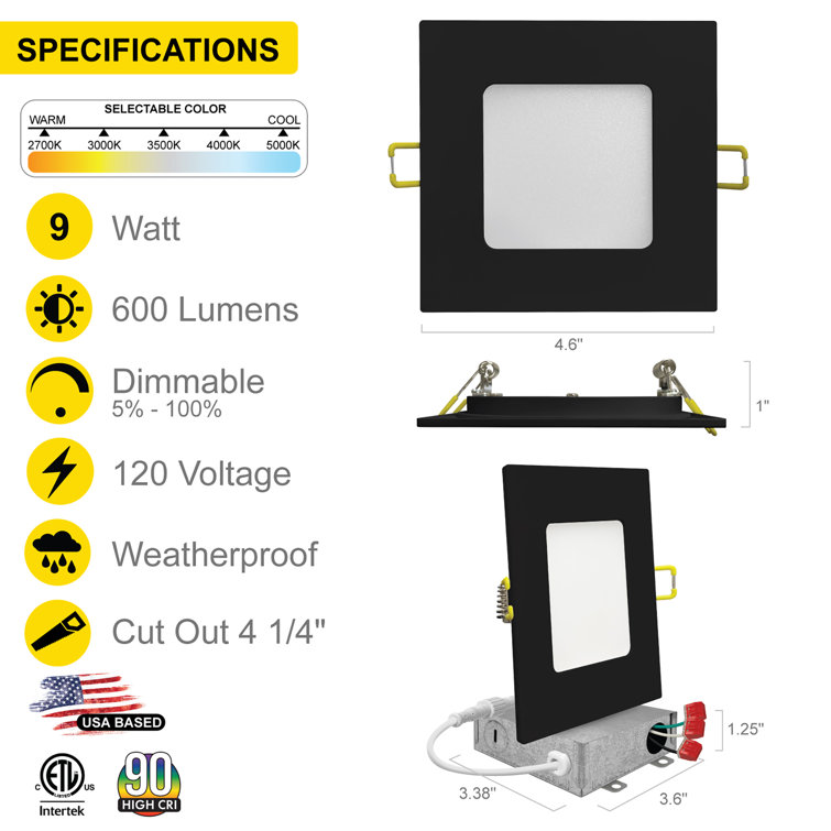 Matte Black Aluminum 4-Inch Square Recessed LED Ceiling Light, 12 Pack