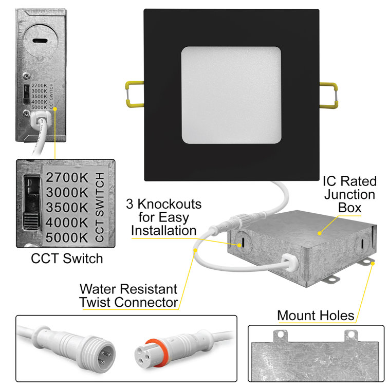 Matte Black Aluminum 4-Inch Square Recessed LED Ceiling Light, 12 Pack