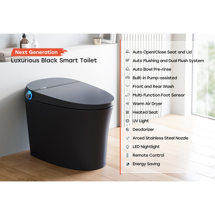 Black Vitreous China Smart Toilet with Dual Flush and Bidet