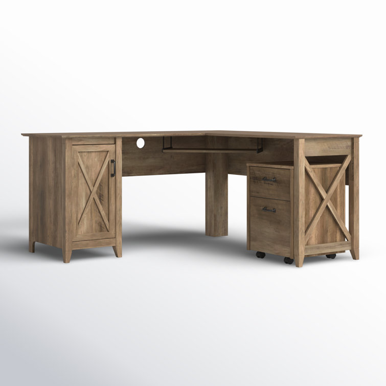 Rustic Oak L-Shaped Corner Desk with Drawer and Keyboard Tray