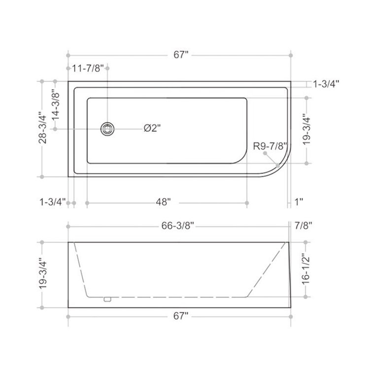67'' White Acrylic Freestanding Soaking Bathtub with Left Drain