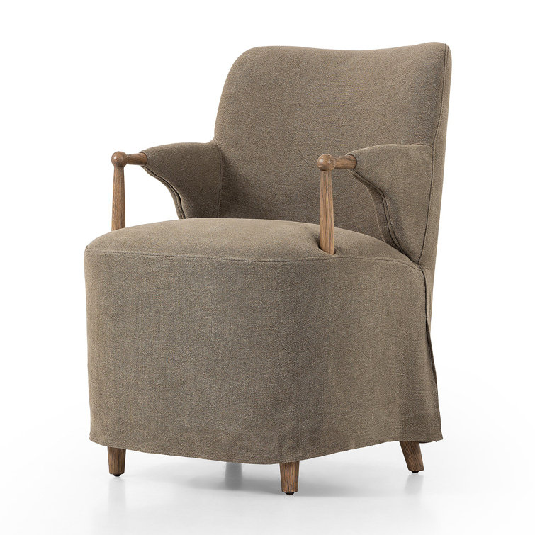 Olive Linen Upholstered Arm Chair with Distressed Oak Frame