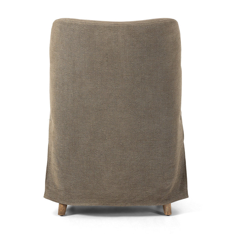 Olive Linen Upholstered Arm Chair with Distressed Oak Frame