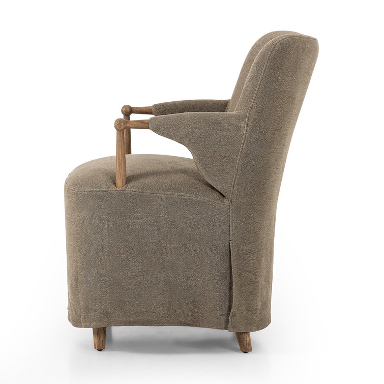 Olive Linen Upholstered Arm Chair with Distressed Oak Frame
