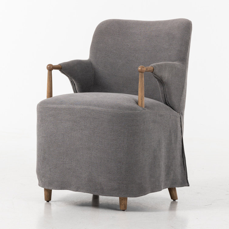 Gray Linen Upholstered Arm Chair with Oak Wood Frame