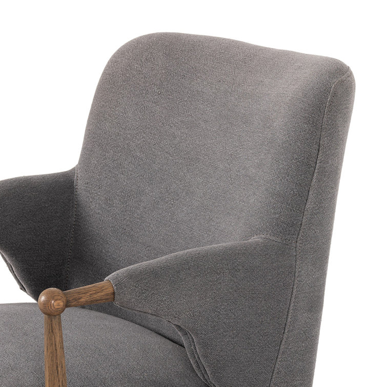 Gray Linen Upholstered Arm Chair with Oak Wood Frame