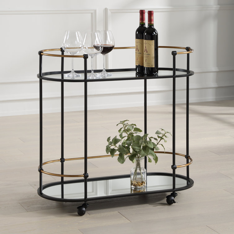 Oval Black Iron Bar Cart with Mirrored Shelves