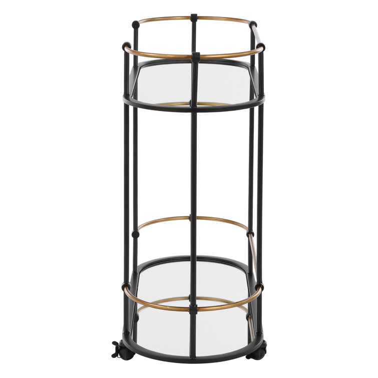 Oval Black Iron Bar Cart with Mirrored Shelves
