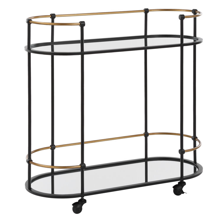 Oval Black Iron Bar Cart with Mirrored Shelves