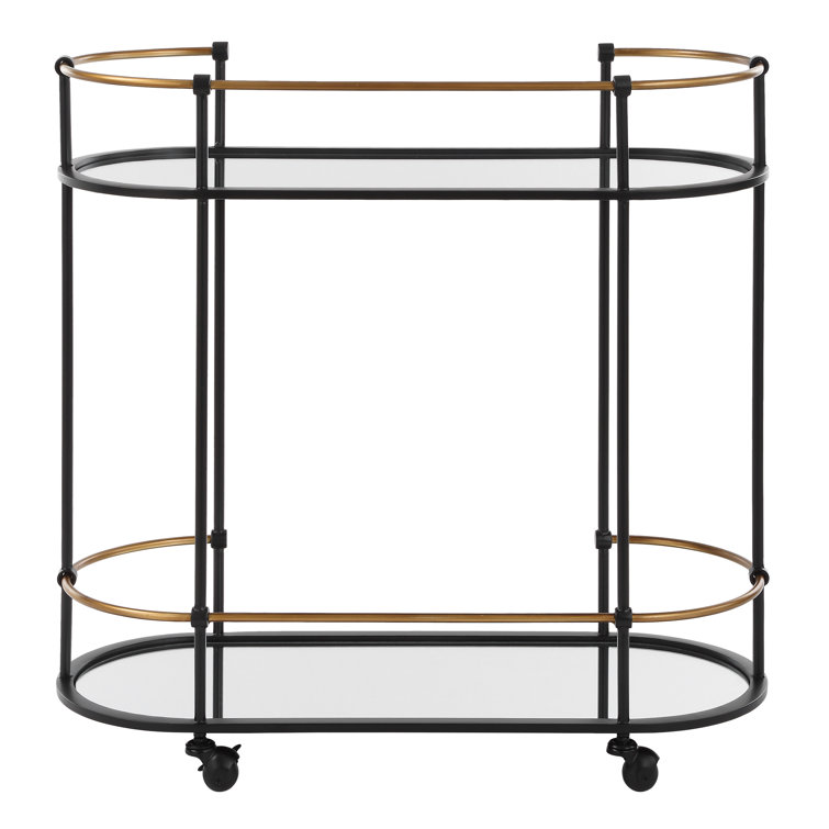 Oval Black Iron Bar Cart with Mirrored Shelves