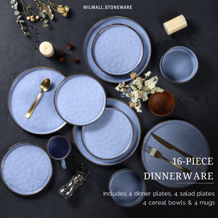 Grayish Blue Ceramic 16-Piece Dinnerware Set for 4