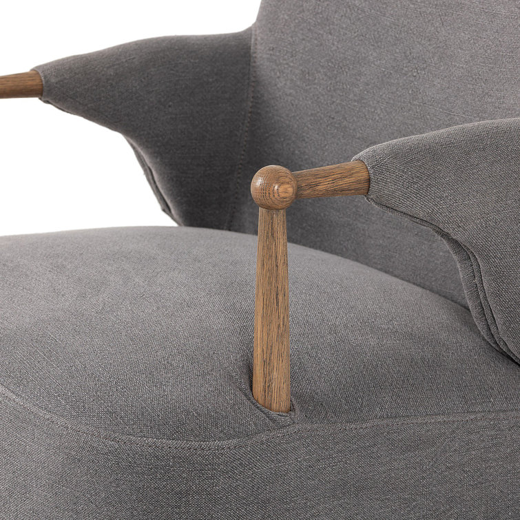 Gray Linen Upholstered Arm Chair with Oak Wood Frame