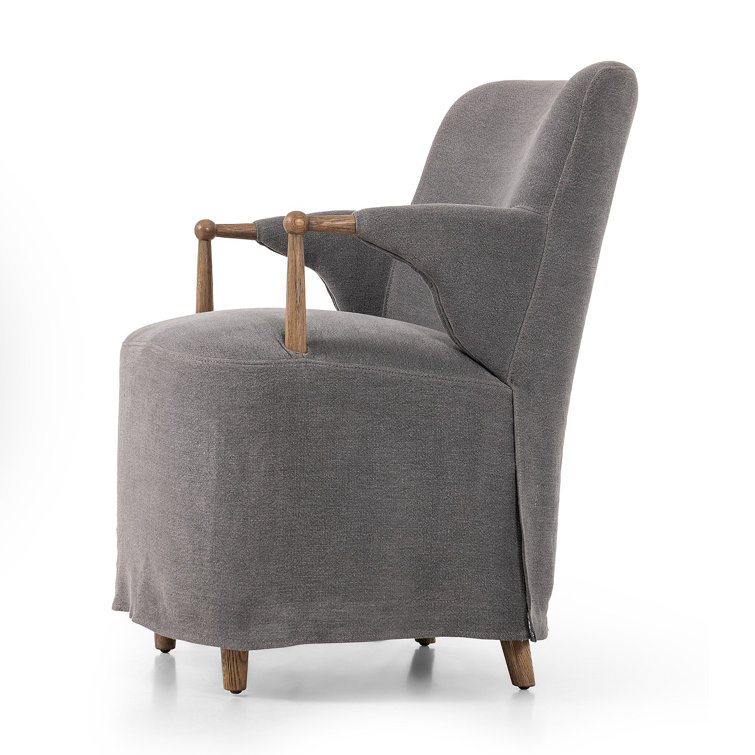 Gray Linen Upholstered Arm Chair with Oak Wood Frame