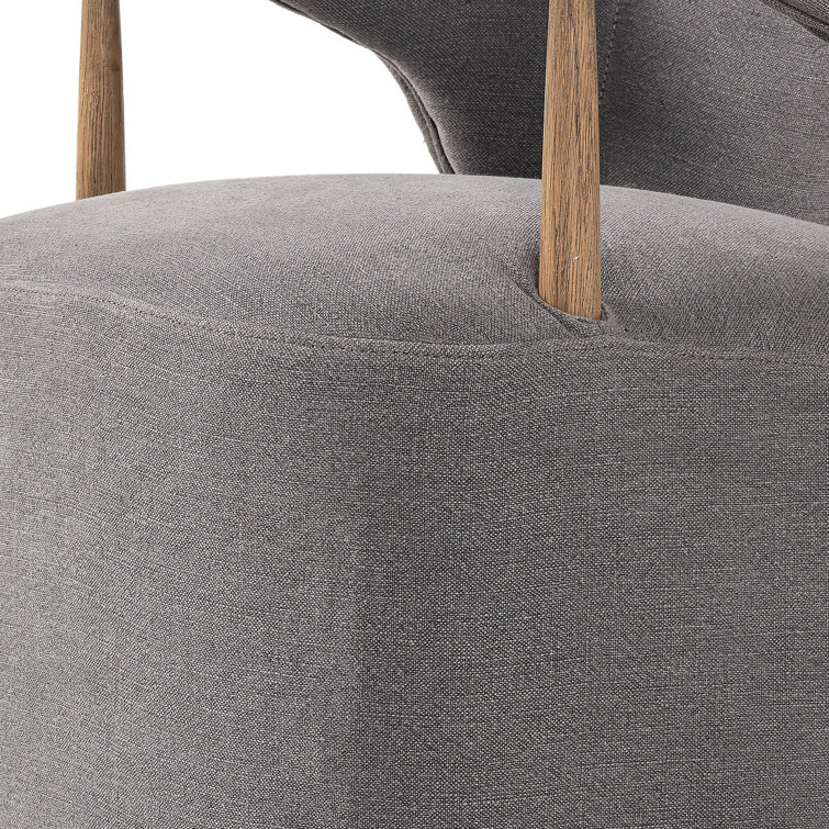Gray Linen Upholstered Arm Chair with Oak Wood Frame