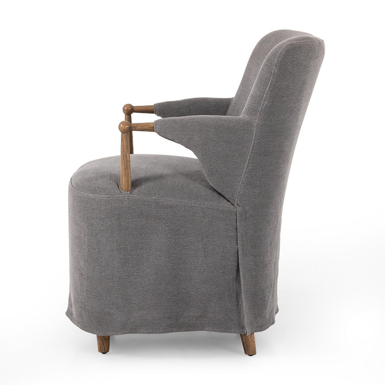 Gray Linen Upholstered Arm Chair with Oak Wood Frame