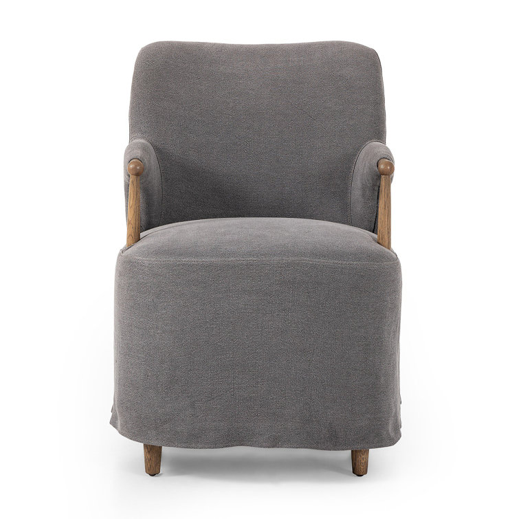 Gray Linen Upholstered Arm Chair with Oak Wood Frame