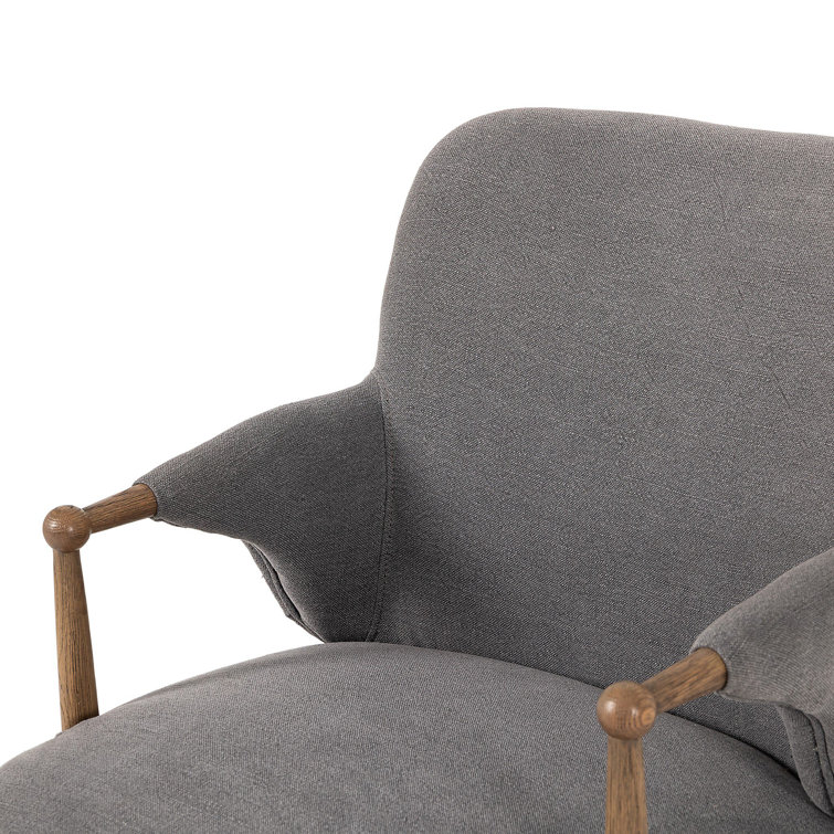 Gray Linen Upholstered Arm Chair with Oak Wood Frame