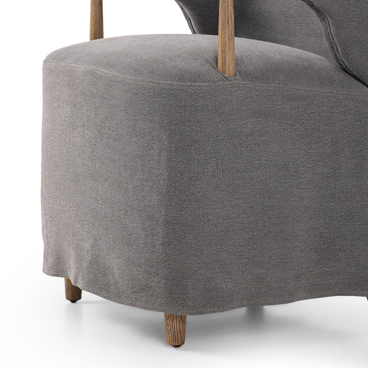 Gray Linen Upholstered Arm Chair with Oak Wood Frame