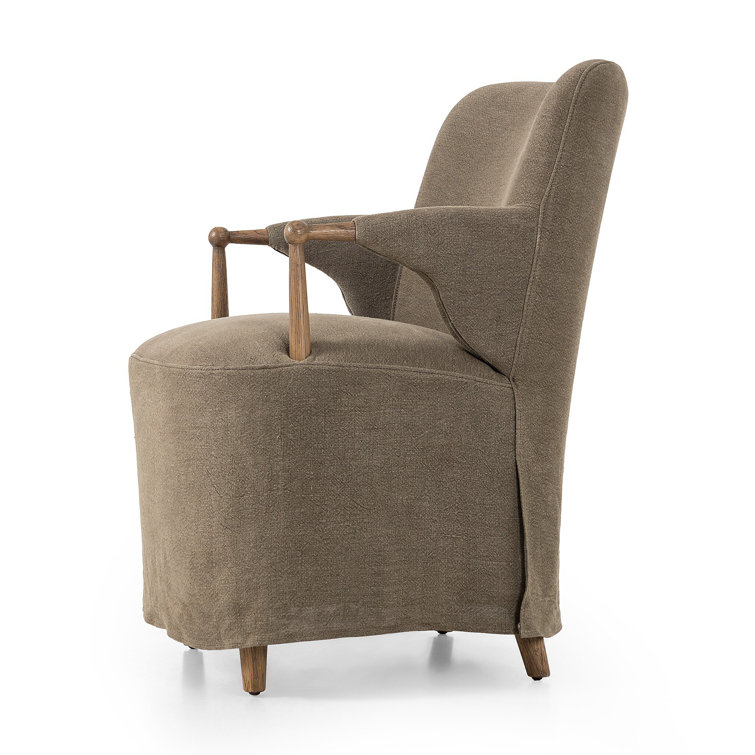 Olive Linen Upholstered Arm Chair with Distressed Oak Frame