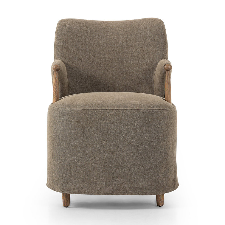 Olive Linen Upholstered Arm Chair with Distressed Oak Frame