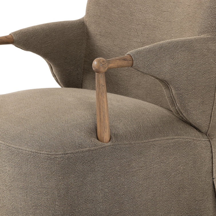 Olive Linen Upholstered Arm Chair with Distressed Oak Frame