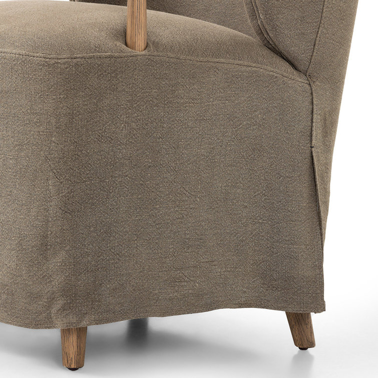 Olive Linen Upholstered Arm Chair with Distressed Oak Frame