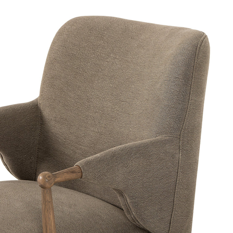 Olive Linen Upholstered Arm Chair with Distressed Oak Frame