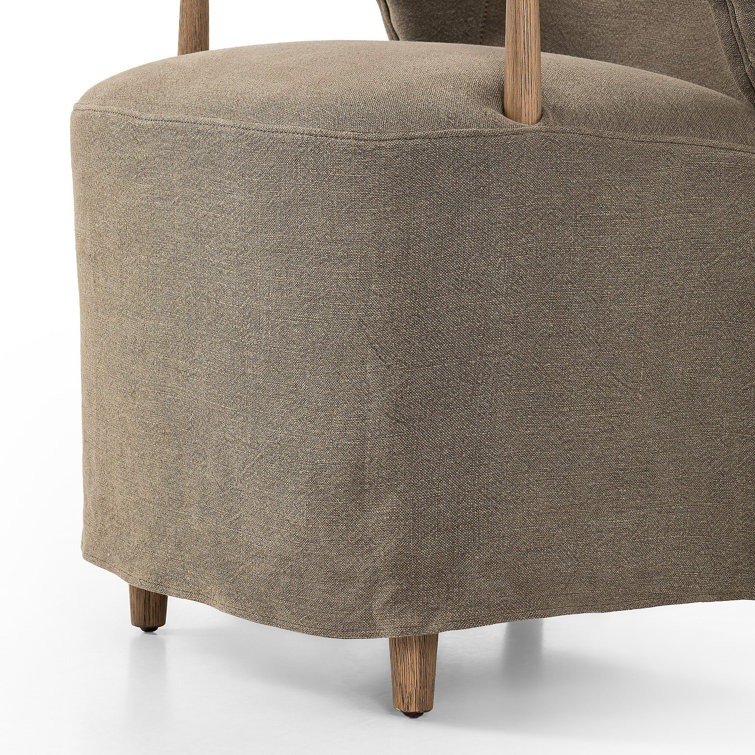 Olive Linen Upholstered Arm Chair with Distressed Oak Frame