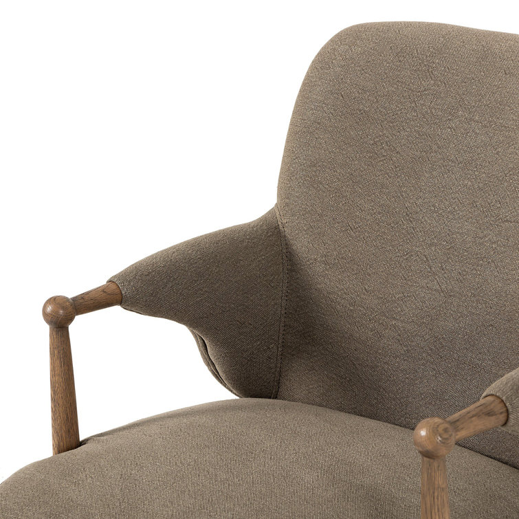 Olive Linen Upholstered Arm Chair with Distressed Oak Frame