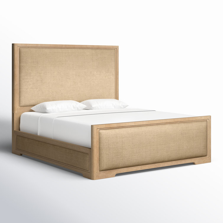 Beige Wood California King Upholstered Panel Bed with Headboard
