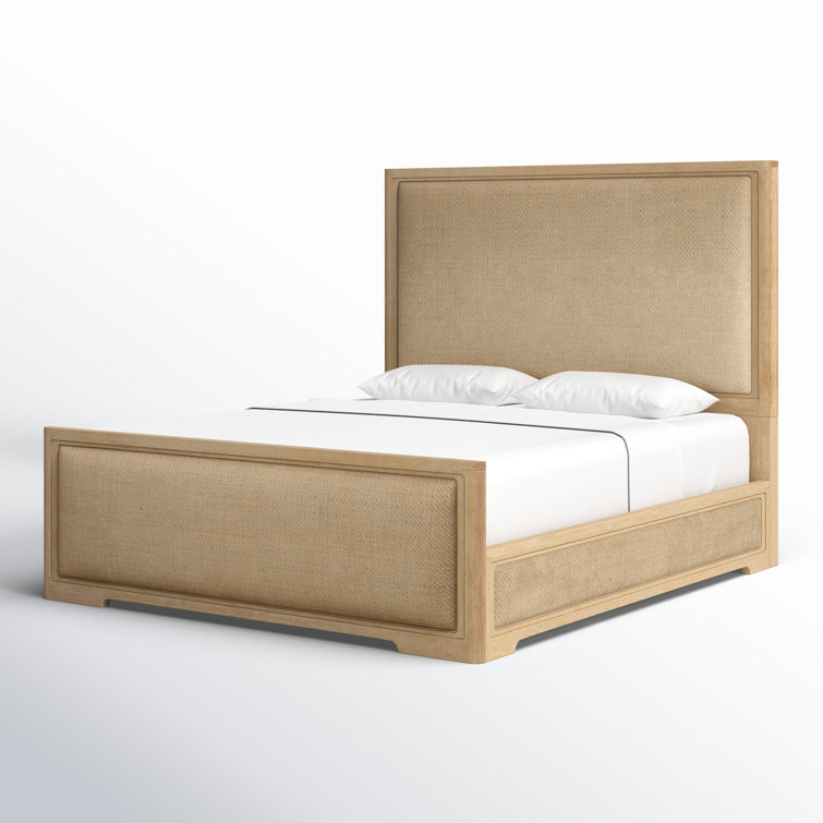 Beige Wood California King Upholstered Panel Bed with Headboard