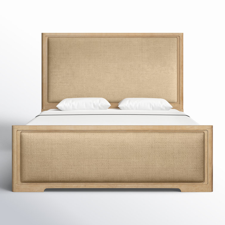 Beige Wood California King Upholstered Panel Bed with Headboard