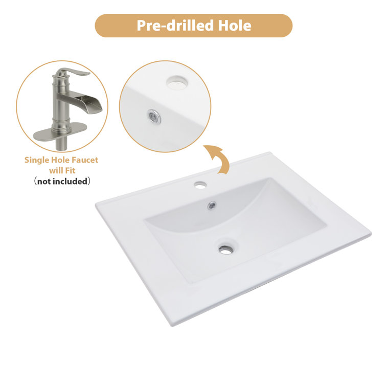 24x18" White Ceramic Rectangular Vanity Top with Single Sink