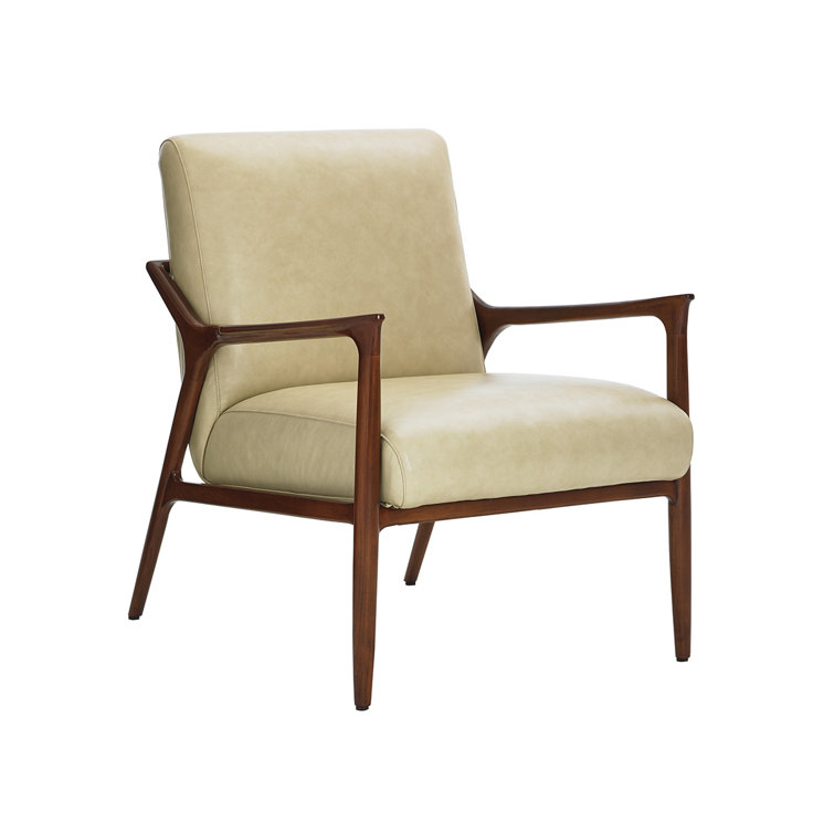 Beige Leather Mid-Century Modern Accent Chair