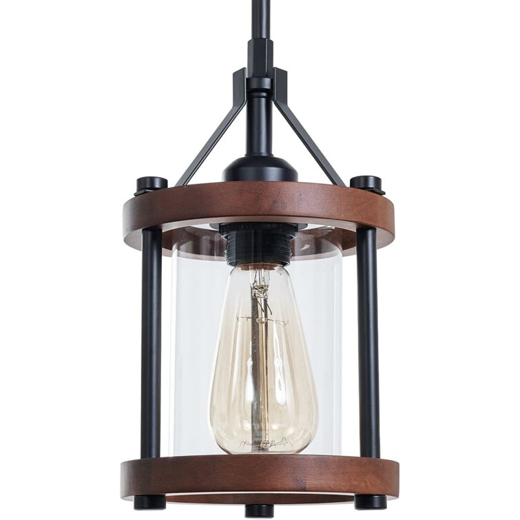 Brown Wood and Metal Lantern Pendant Light with Glass Shade