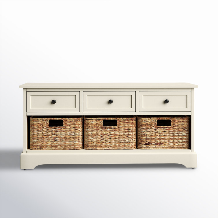 Distressed Cream Pine Storage Bench with 3 Drawers & Wicker Baskets