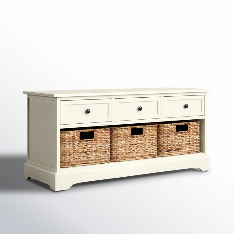 Distressed Cream Pine Storage Bench with 3 Drawers & Wicker Baskets